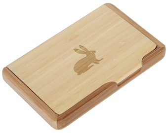 Rabbit Bamboo Business Card Holder With Laser Engraved Design - Business Card Keeper - Holds Up To 10 Cards