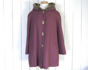 Hooded Swing Coat 70s Faux Fur Lined Purple Coat Vintage Womens Winter Jacket Large L
