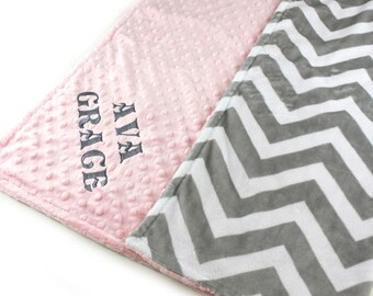 Personalized Baby Blanket, Baby shower gift, Baby Girl Pink Gray Chevron Minky Baby Blanket, Nursery Decor, Custom Baby Blanket, kids minky