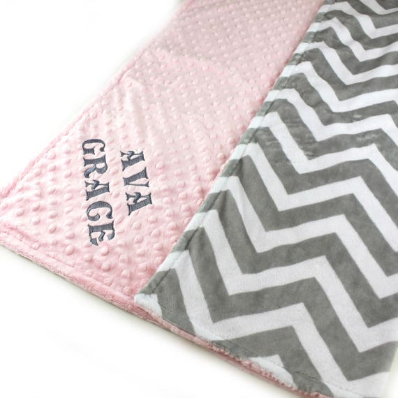 Personalized Baby Blanket, Baby shower gift, Baby Girl Pink Gray Chevron Minky Baby Blanket, Nursery Decor, Custom Baby Blanket, kids minky