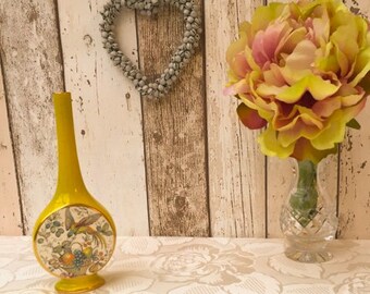 Vintage Carlton Ware Yellow Bud Vase with Bird and Fruit Design