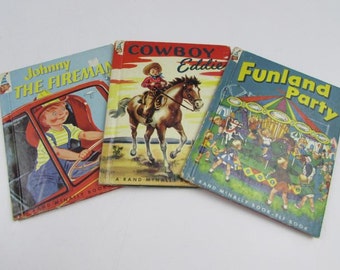 1950's Rand McNally Elf Books, Johnny The Fireman, Funland Party and Cowboy Eddie.