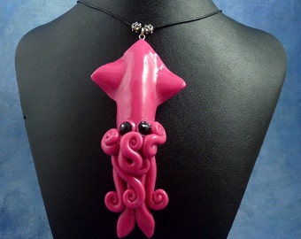 Sunset Squid Necklace, Polymer Clay Cephalopod Jewelry