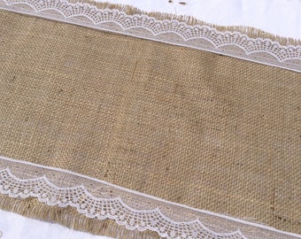 1.5m Hessian Table Runner with Vintage Style White Lace