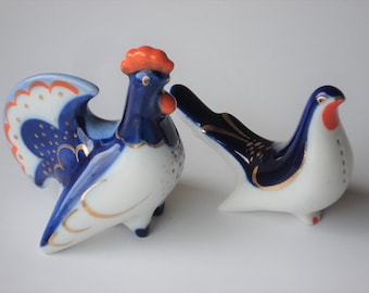 Vintage porcelain Salt and Pepper Shaker bird rooster and hen Russian folk Easter table decor figurine Lomonosov factory vintage Soviet