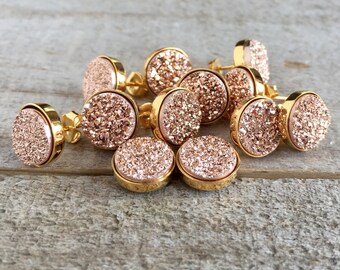 Druzy Earrings, Druzy Stud Earrings, Rose Gold Druzy, Rose Gold Earrings, Rose Gold Studs, Druzy Jewelry, Wedding Earrings, Bridesmaid Gifts