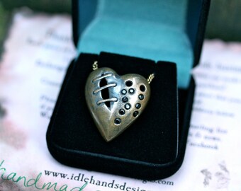 My Bloody Valentine Sutured Heart Necklace Bronze Black Spinel Free Domestic Shipping