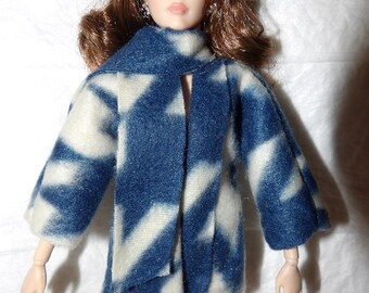 Blue & white print Fleece short coat and scarf set for Fashion Dolls - ed1002