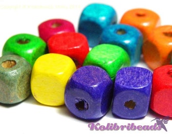 50x Wooden Cube Beads 10 mm - Mixed Colours