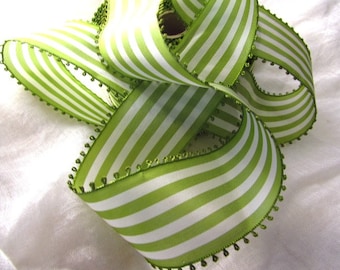 Vintage Picot Ribbon, Green and White Striped Ribbon, White and Green Taffeta Ribbon, Wide Ribbon, Picot Edge, Vintage Millinery, Spring