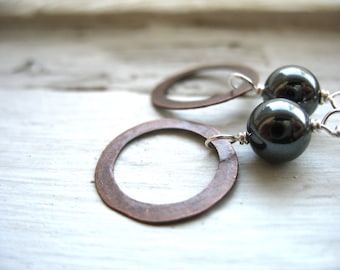 Hematite Earrings, Stone Copper Hoop Dangle Drop Earrings, Handmade Artisan Gemstone Jewelry