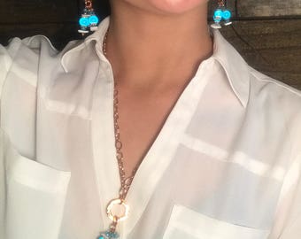 Gifts for Her, Stunning Turquoise and Hammered Copper Necklace and Earring Set