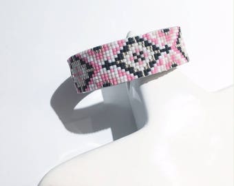 Woven on pink and black Cuff Bracelet
