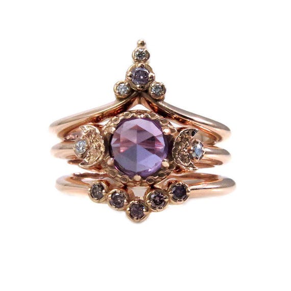 Lavender Moon Temple Rose Gold Engagement Ring Set - Lab Alexandrite with Lavender and White Diamonds