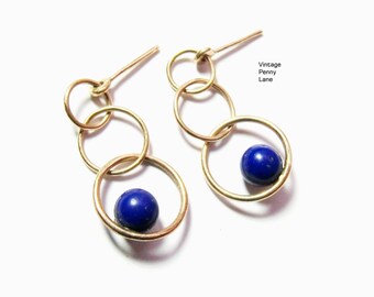 Vintage Lapis Lazuli Gemstone Earrings, Pierced Earrings, Gold Dangle Earrings