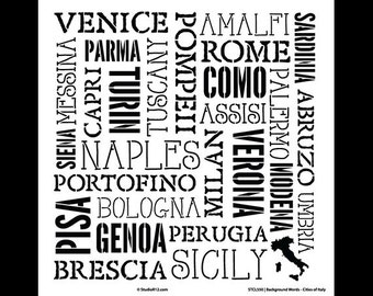 Background Words-Cities of Italy Stencil-12" X 12"-SKU:STCL550