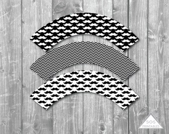 Mustache Cupcake Wrappers, Mustache Bash Printable Cupcake Wrapper, Black and White, Printable PDF, Mustache Party, Little Man Baby Shower