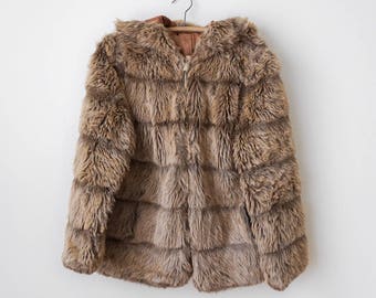 Vintage 1970's Brown Faux Fur Coat with Hood