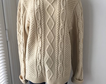 Vintage Irish pure Wool sweater hand knit Fisherman's Aran Cable knit Pullover Handcrafted Cream knitwear Very thick Heavy Sweater 1970's