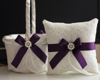 Plum Wedding Basket & Plum Ring Bearer Pillow \ Egg Plant Bearer + Plum Flower Girl Basket \ Ivory Plum Wedding Pillow Basket Set