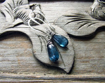 Kyanite Earrings, Gemstone Earring Dangle, Gift for Mom, Blue Kyanite Earrings, Drop Earrings, Delicate, Wire Wrapped, Sterling Silver, Teal