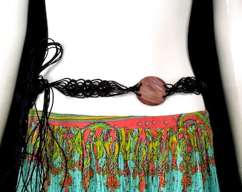 Deadstock VINTAGE: Macrame Black String Shell Tie Belt - Macrame Belt Hippie Tie Belt - Boho Belt - 19-C3-0003664