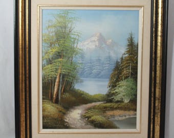 Spring Landscape Snowcapped Mountain Oil Painting On Canvas Signed GOODMAN Vintage