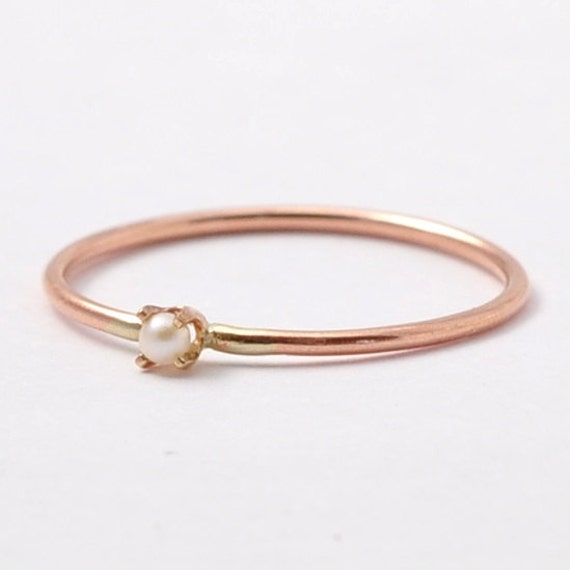 Unique Engagement Ring Dainty Pearl & 14K Rose Gold Ring