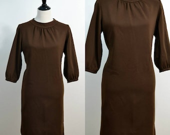 Vintage 1970s Brown Shift Dress / 70s Day Dress / Large L / Gathered Neck Line / Balloon Sleeve / Knee Length / Sack Dress / 60s 1960s
