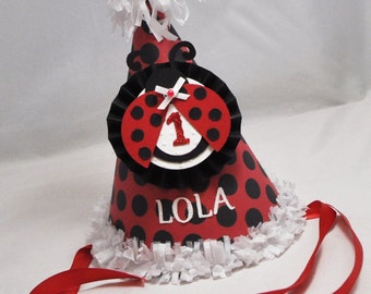 Ladybug Party Hat, 1st Birthday Girl, Personalized Birthday Hat, Ladybug Birthday, Cake Smash Hat, Photo Prop, Red and Black, Ladybug Decor