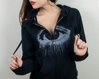eye black hoodie, womens clothing, screenprinted hoodies, eye hoodie, eye, hoodie black gray, sweatshirt, OOAK - size S