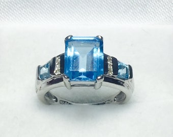 14K White Gold Blue Topaz Diamond Ring