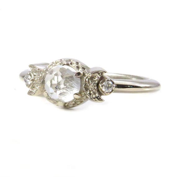 Rose Cut White Topaz and White Diamond Engagement Moon Ring - 14k White Gold