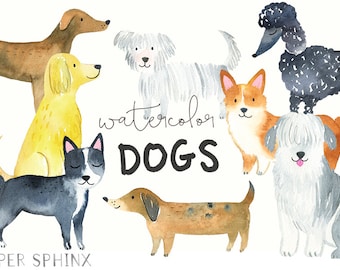 Watercolor Dogs Clipart | Pets Clip Art - Watercolor Animals - Puppies / Dog Breeds - Digital Instant Download PNG files
