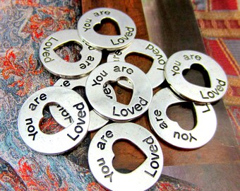 10 You are loved silver message charms inspirational word pendants engraved wedding message you are loved charms 24mm HP(DD5)