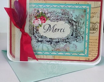 Merci, French Inspired, Blank Inside, 5x7 Note Cards and Aqua Marine Pearl Finished Envelopes, Set of 6