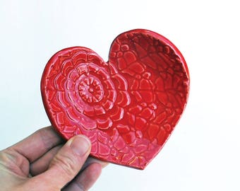 Red Heart Dish - Ceramic, Pottery - Spoon Rest, Soap Dish, Tea Bag Rest, Jewelry Dish, Ring Holder, Red Lace Heart Dish, LaurenSumnerPottery