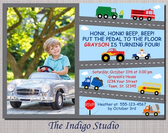 Cars and Trucks Birthday Invitation ALL AGES Option with No photo - see other verse options in description -invitation you Print