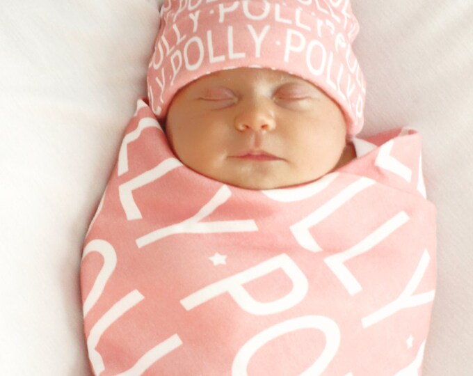 Personalized baby blanket and hat set organic knit swaddle petunias name baby blanket shower gift Personalized baby blanket and hat set organic knit swaddle petunias name baby blanket shower gift