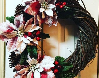 Red Winter Wreath, Red Christmas Wreath, Red Holiday Wreath, Winter Door Wreath, Red Poinsettia Wreath, Christmas Door Wreath