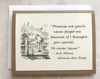 Never Forget Me - Winnie the Pooh Quote - Classic Piglet and Pooh Note Card Purple On Kraft Brown