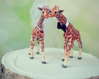 Giraffe-woodlands-wedding cake topper-giraffe-wedding-just married-bride and groom-cake topper-custom-jungle-zoo-safari