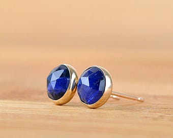 Natural Blue Sapphire Stud Earrings, September Birthstone Anniversary gift Genuine Rose cut Gemstone: Sterling Silver 14k Gold Filled