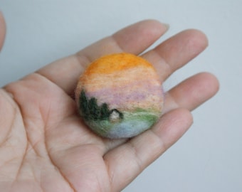 Needle felted landscape in sunset brooch
