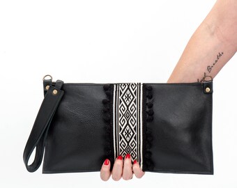 Black leather clutch, Boho chic purse, Leather clutch bag, Boho Chic clutch with pompoms, Handmade leather clutch, FREE SHIPPING!