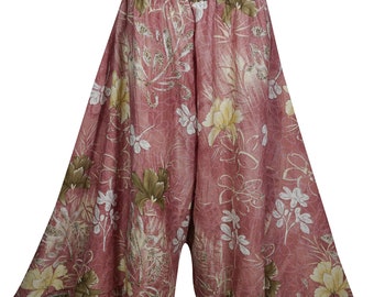 High Waist Pink Split Maxi Skirts Recycled Silk Sari Printed Wide Leg Divided Long Skirts S/M