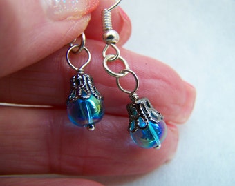 Turquoise Iridescent Glass Dangle Earrings Doodaba