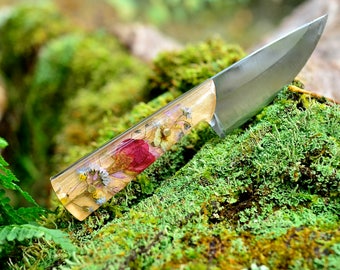 Custom Botanical Pocket Knife / Made to Order / Hand Forged Knife / 11th anniversary / Bohemian Flower Knife / Real Plants Colorful Knife