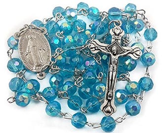 Catholic Rosary Light Blue Crystal Beads Necklace Turquoise Rosary With Miraculous Medal & Cross