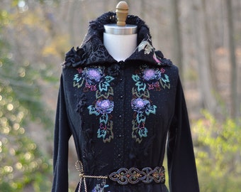 Reserved! Victorian Floral sweater Coat, refashioned eco couture, unique Fantasy clothing, Art to wear Fantasy black goddess Coat. Size M/L
